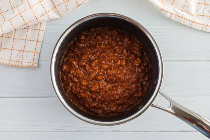 Chili warmed up in a sauce pan