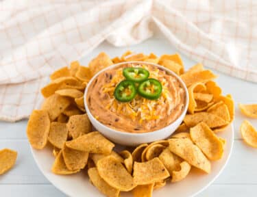 a Plate of chili cheese dip and chips