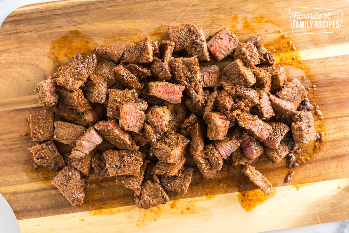 Chopped steak on a cutting board