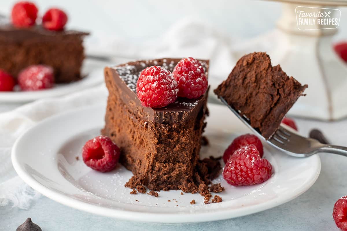Fork cut into a slice of Gluten Free Chocolate Cake.