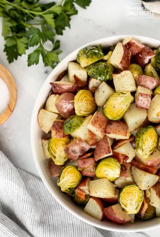 Bowl of Brussels Sprouts and Potatoes roasted with bacon.