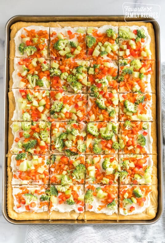 Crescent Roll Veggie Pizza on a baking sheet cut into squares