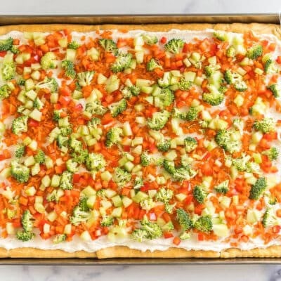 Crescent Roll Veggie Pizza on a baking sheet