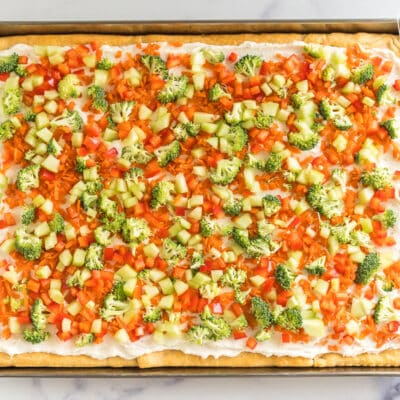 Crescent Roll Veggie Pizza on a baking sheet