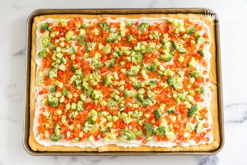 Crescent Roll Veggie Pizza on a baking sheet