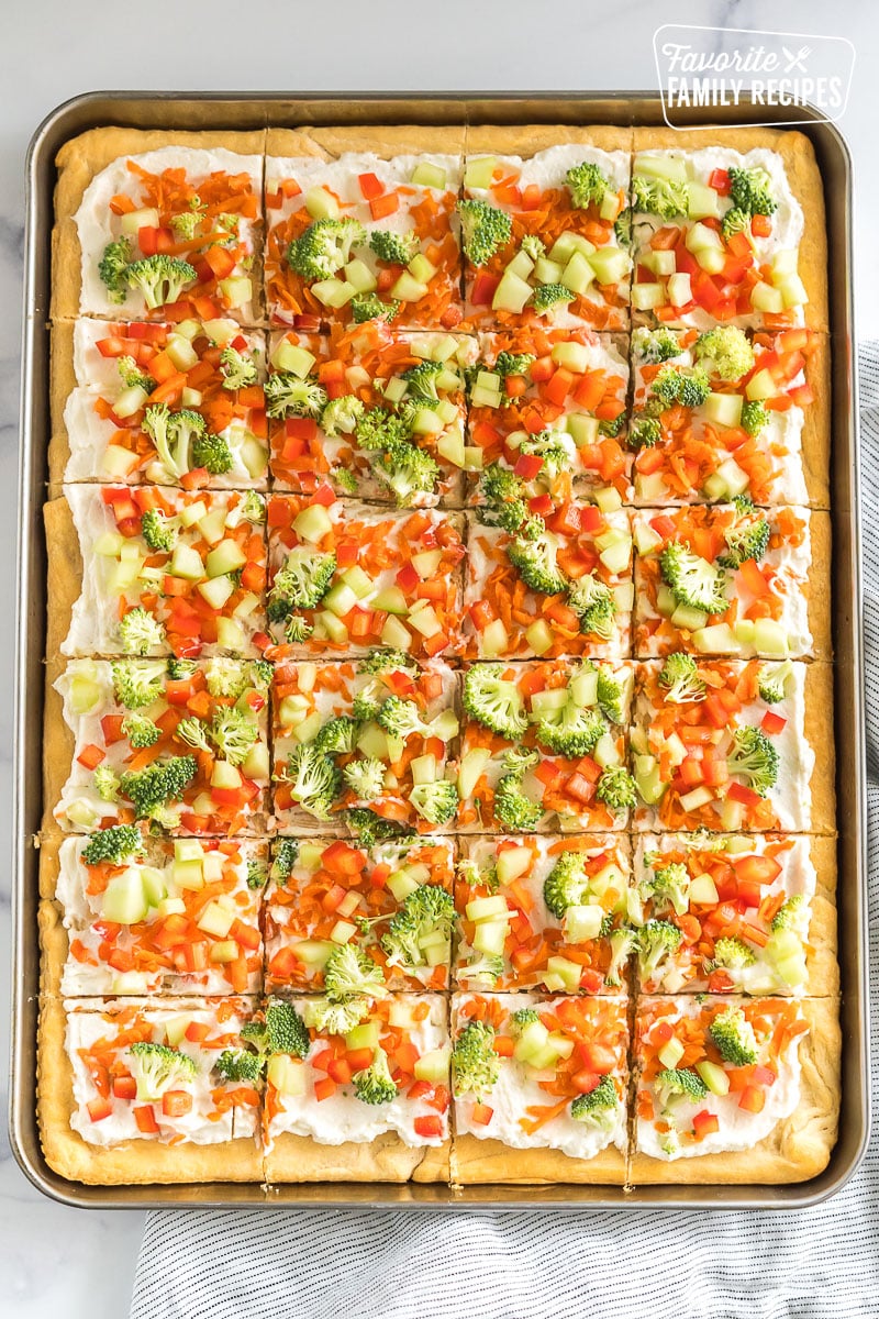 Crescent Roll Veggie Pizza on a baking sheet cut into squares