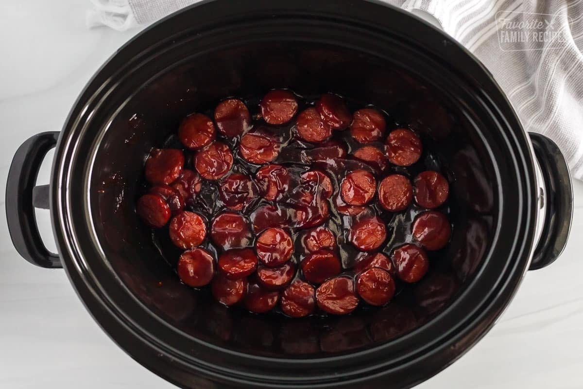 Cooked kielbasa appetizer inside of the crockpot