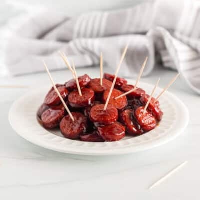 Kielbasa Appetizer on a plate with toothpicks