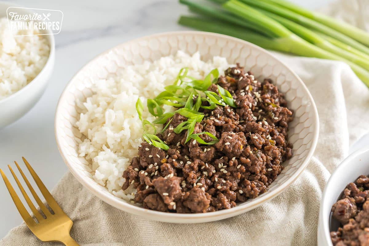 White rice and Korean beef in a bowl.