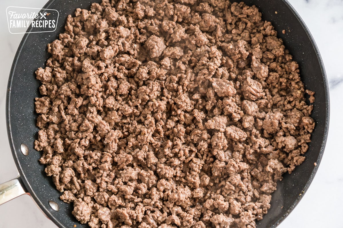 Ground beef cooking in a skillet