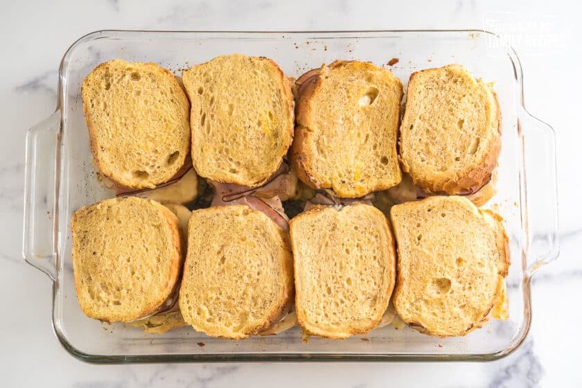 Baked Monte Cristo Casserole in a baking dish