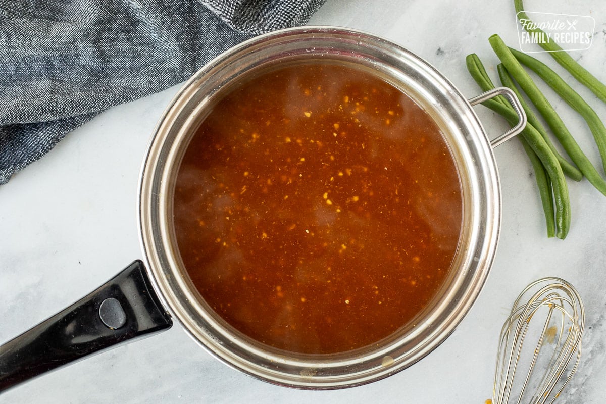 Pan with ginger sauce for Panda Express String Bean Chicken.