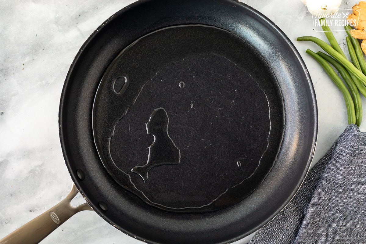 Skillet with heated oil.