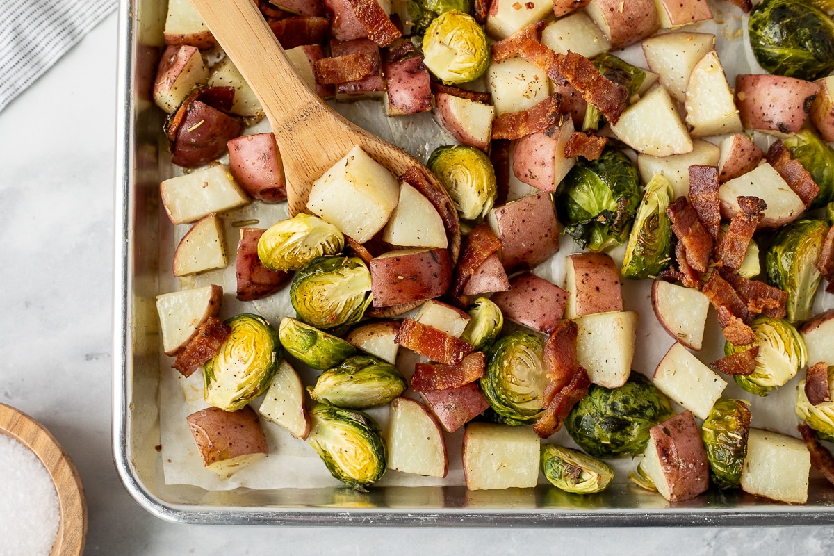 Roasting pan with Roasted Potatoes and Brussels Sprouts.