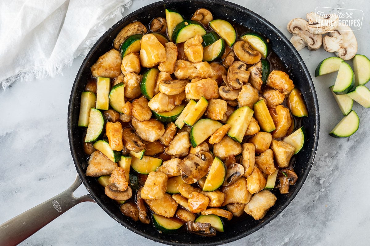 Skillet of Panda Express Mushroom chicken.