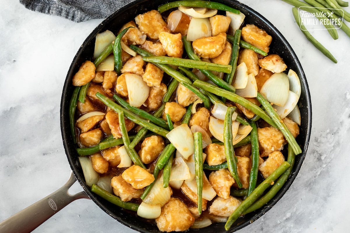 Skillet with Panda Express String Bean Chicken.