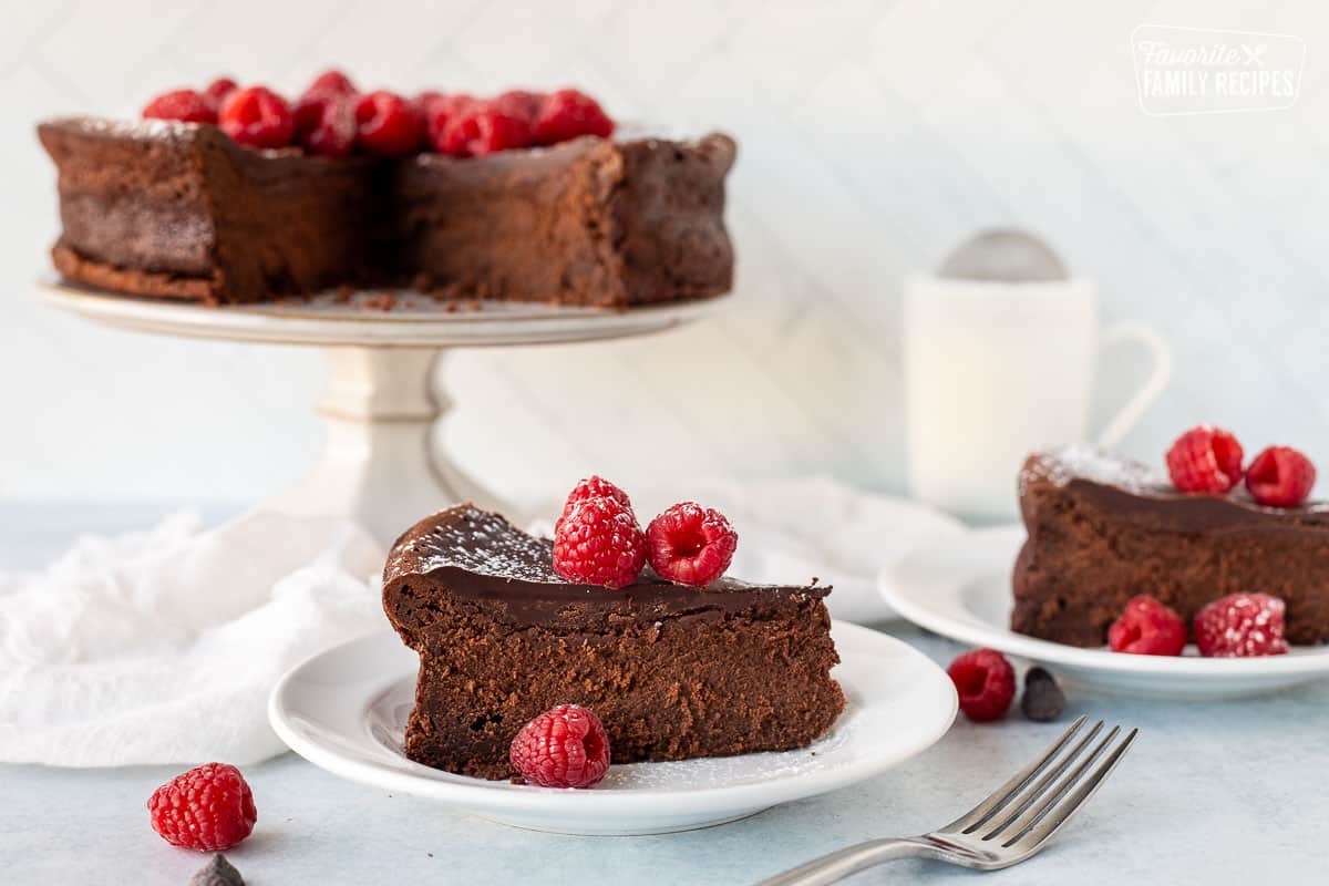 Side view of two slices of Gluten Free Chocolate Cake on plates with fresh raspberries and powdered sugar on top.