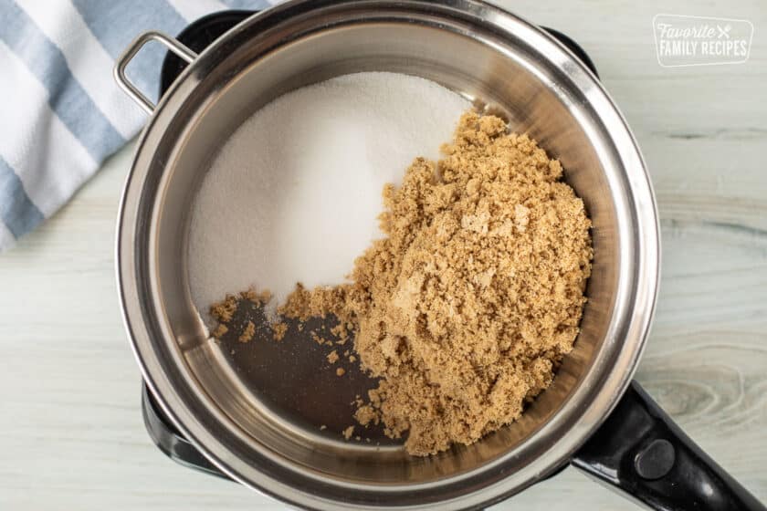 Pan of brown sugar and white sugar to make Maple Syrup.