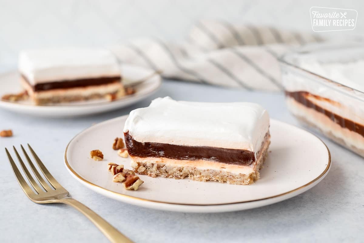 Two plates with slices of Mud Pie.