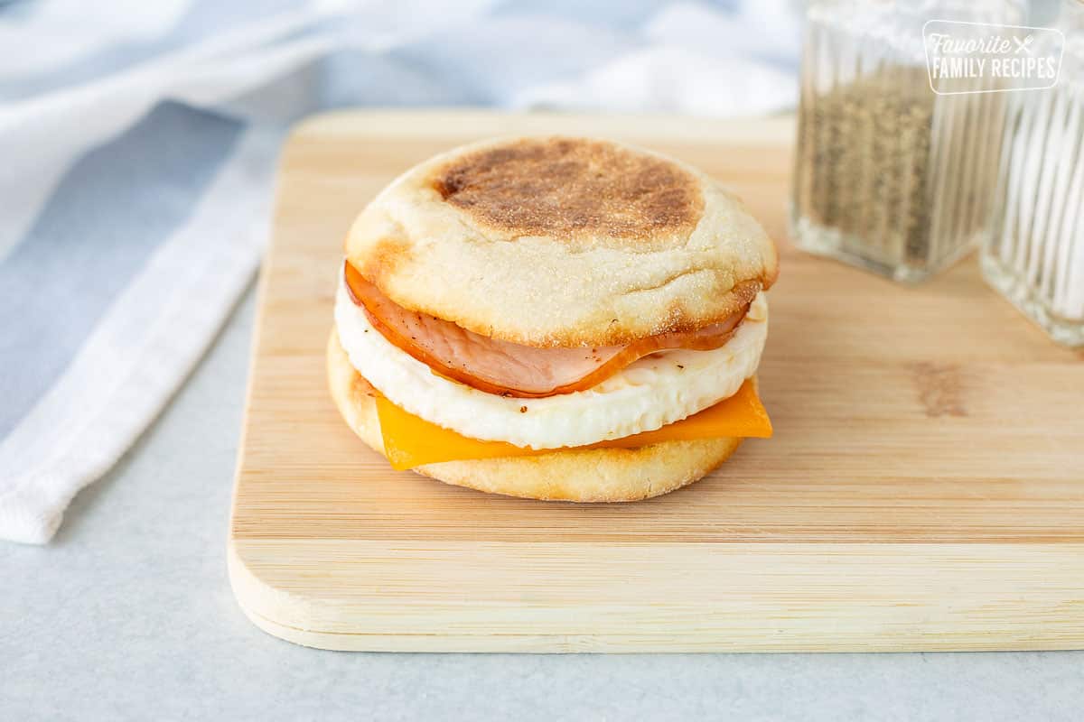 English muffin with cheese, egg and Canadian bacon.
