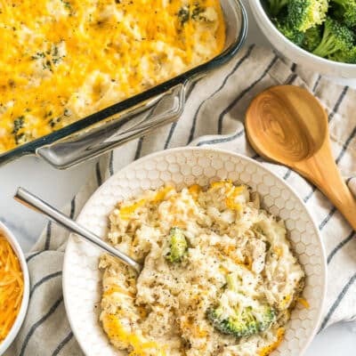 Cheesy chicken rice broccoli casserole in a bowl.