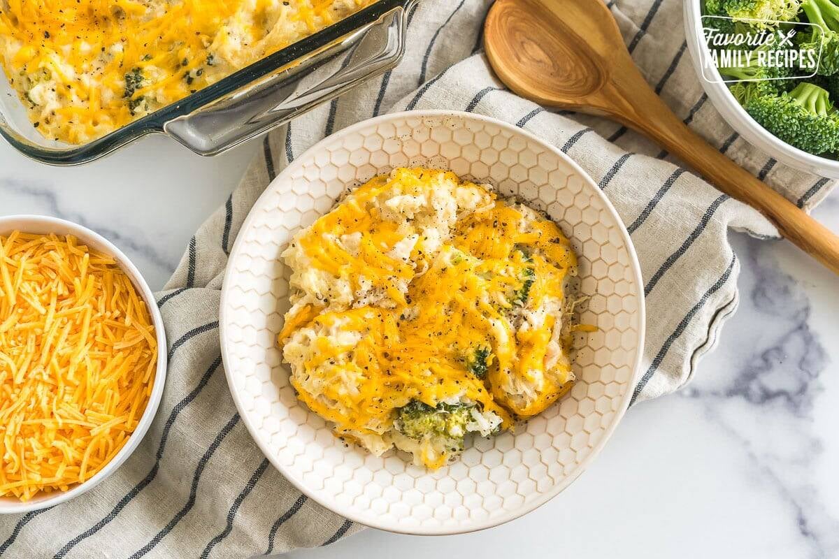 Cheesy chicken rice broccoli casserole in a bowl.