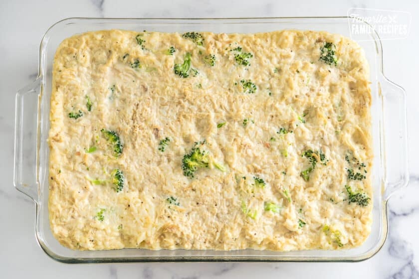 Cooked Chicken Rice Broccoli Casserole in a baking dish.