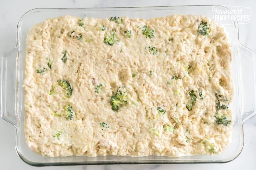 Chicken Rice Broccoli Casserole in a baking dish.