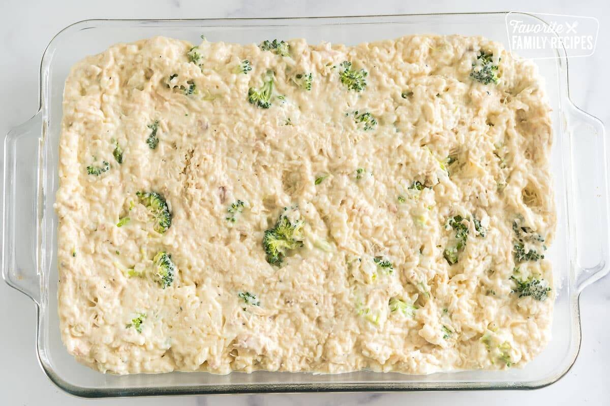 Chicken Rice Broccoli Casserole in a baking dish.