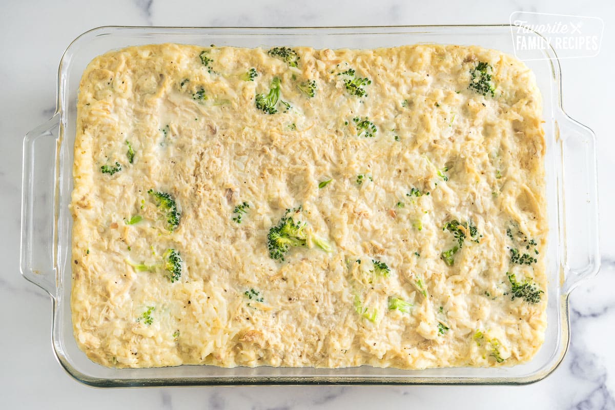 Cooked Chicken Rice Broccoli Casserole in a baking dish