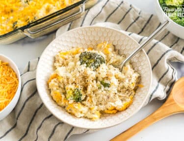 Cheesy chicken rice broccoli casserole in a bowl