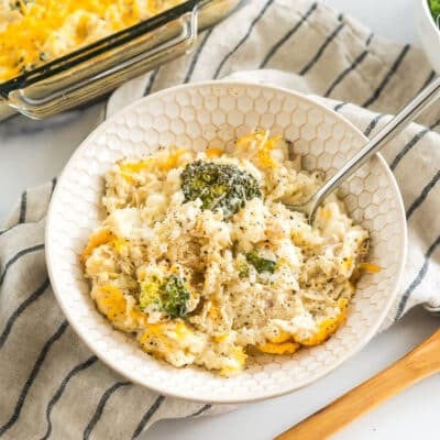 Cheesy chicken rice broccoli casserole in a bowl.