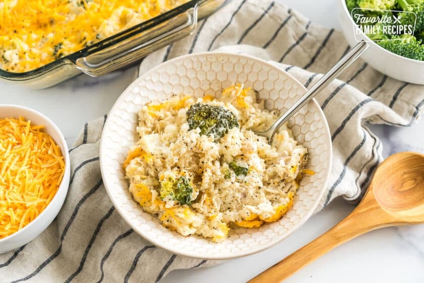 Cheesy chicken rice broccoli casserole in a bowl.