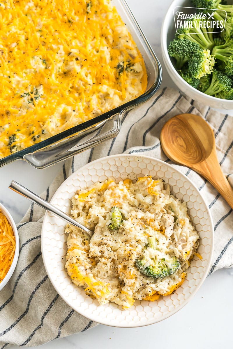 Cheesy chicken rice broccoli casserole in a bowl.