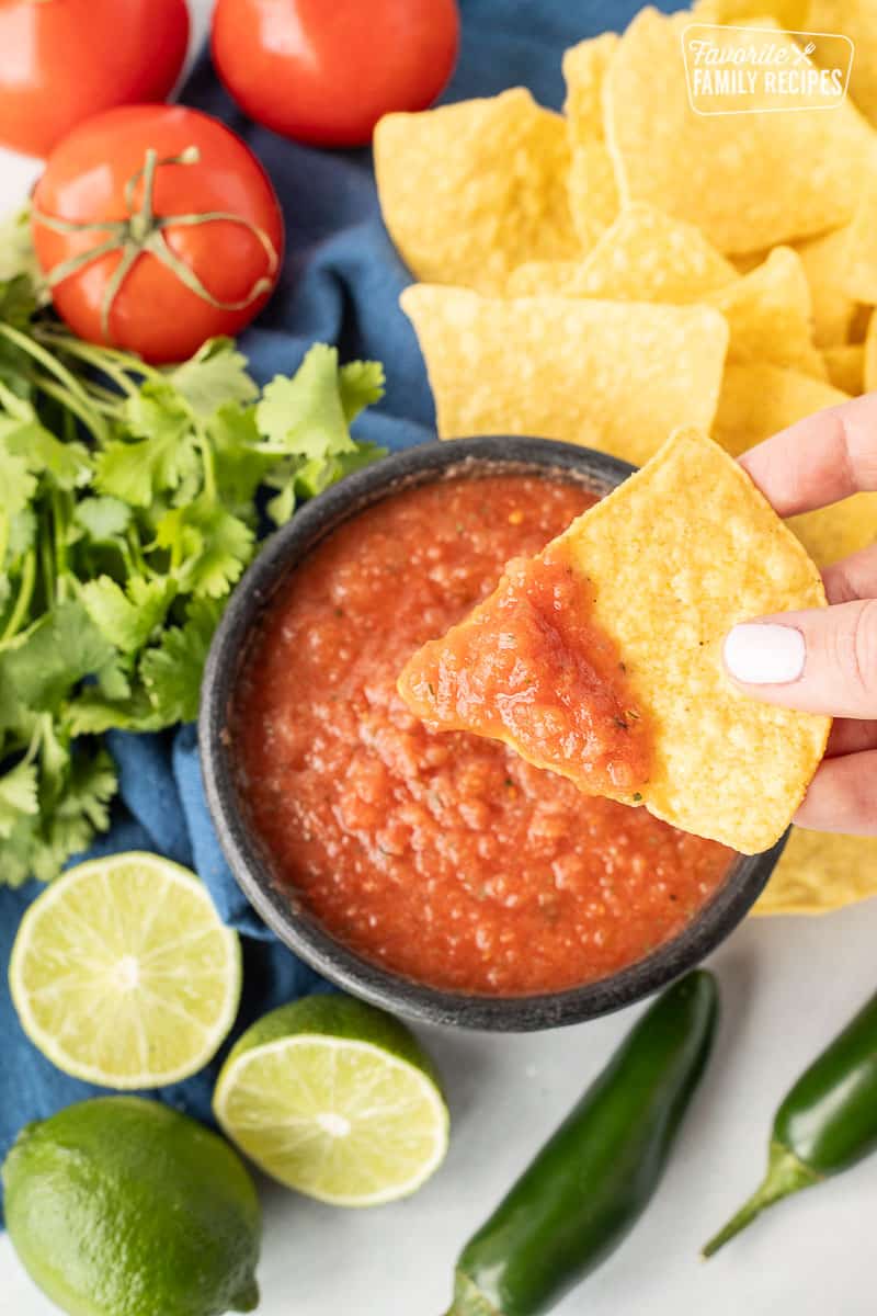 Chili's Salsa on a tortilla chip.