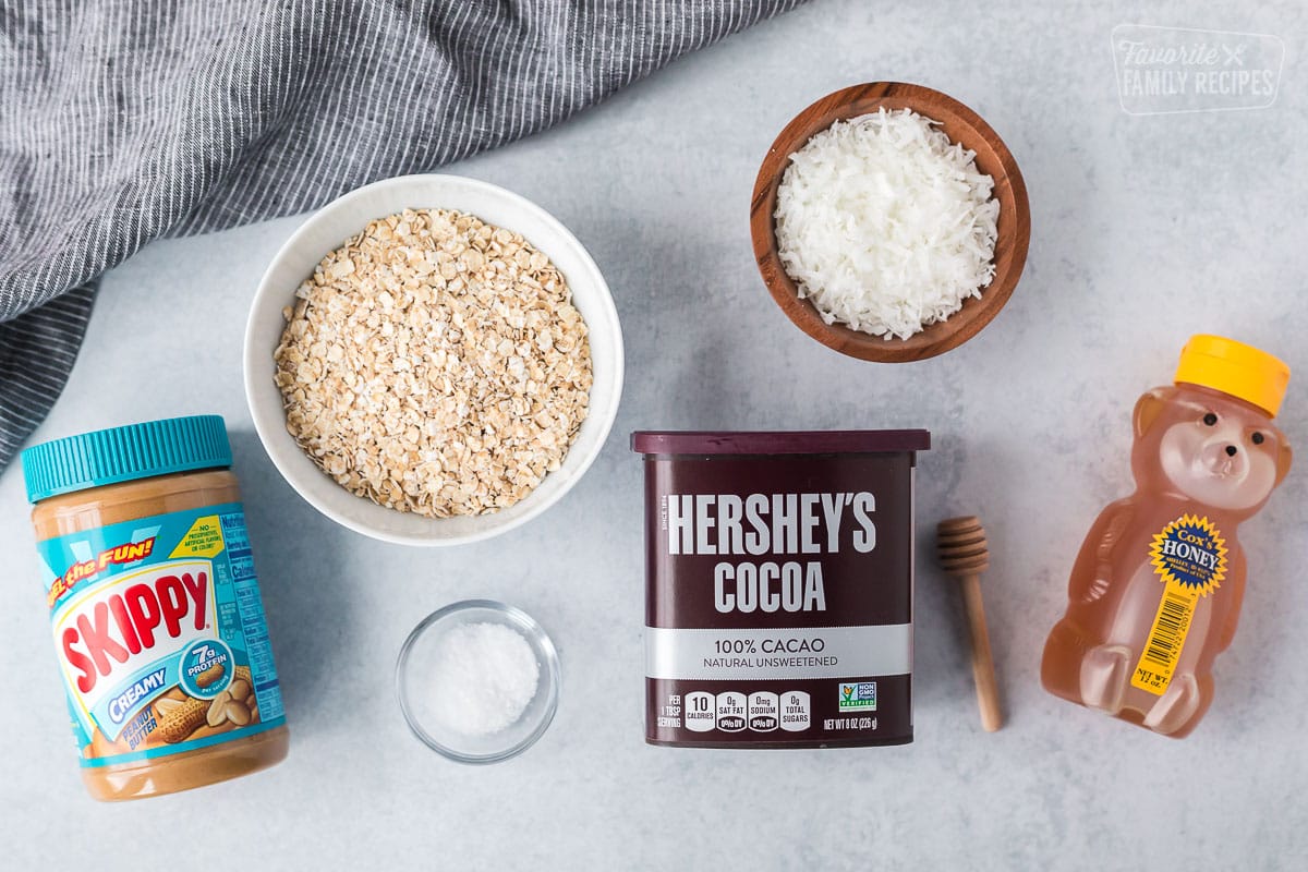 Ingredients for chocolate protein balls including cocoa powder, oats, peanut butter, salt, coconut, and honey.
