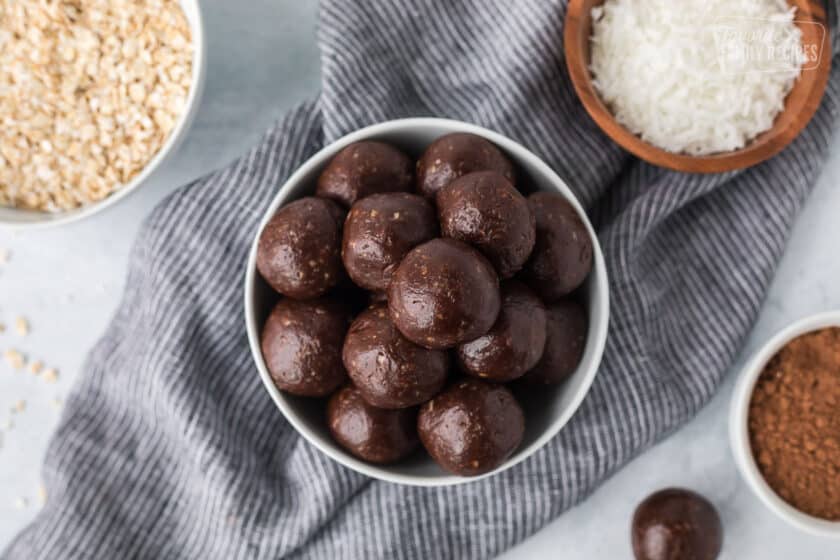 Chocolate protein balls in a bowl
