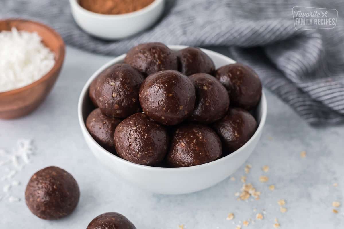 Chocolate protein balls in a bowl.