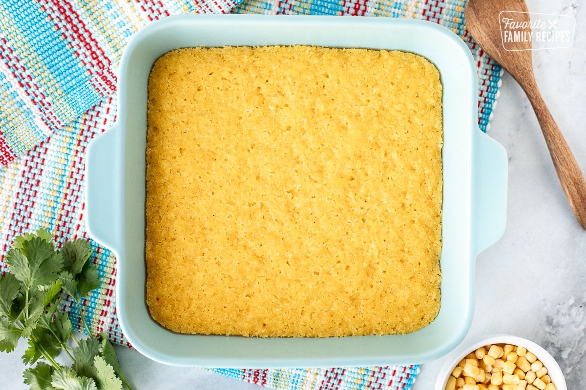 Baked Sweet Corn Cakes (Tomalitos) in a casserole dish.