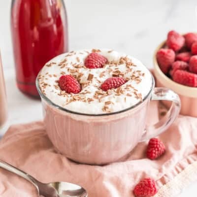 A mug of Dutch Bros Raspberry Hot Chocolate topped with soft top, raspberries, and chocolate shavings