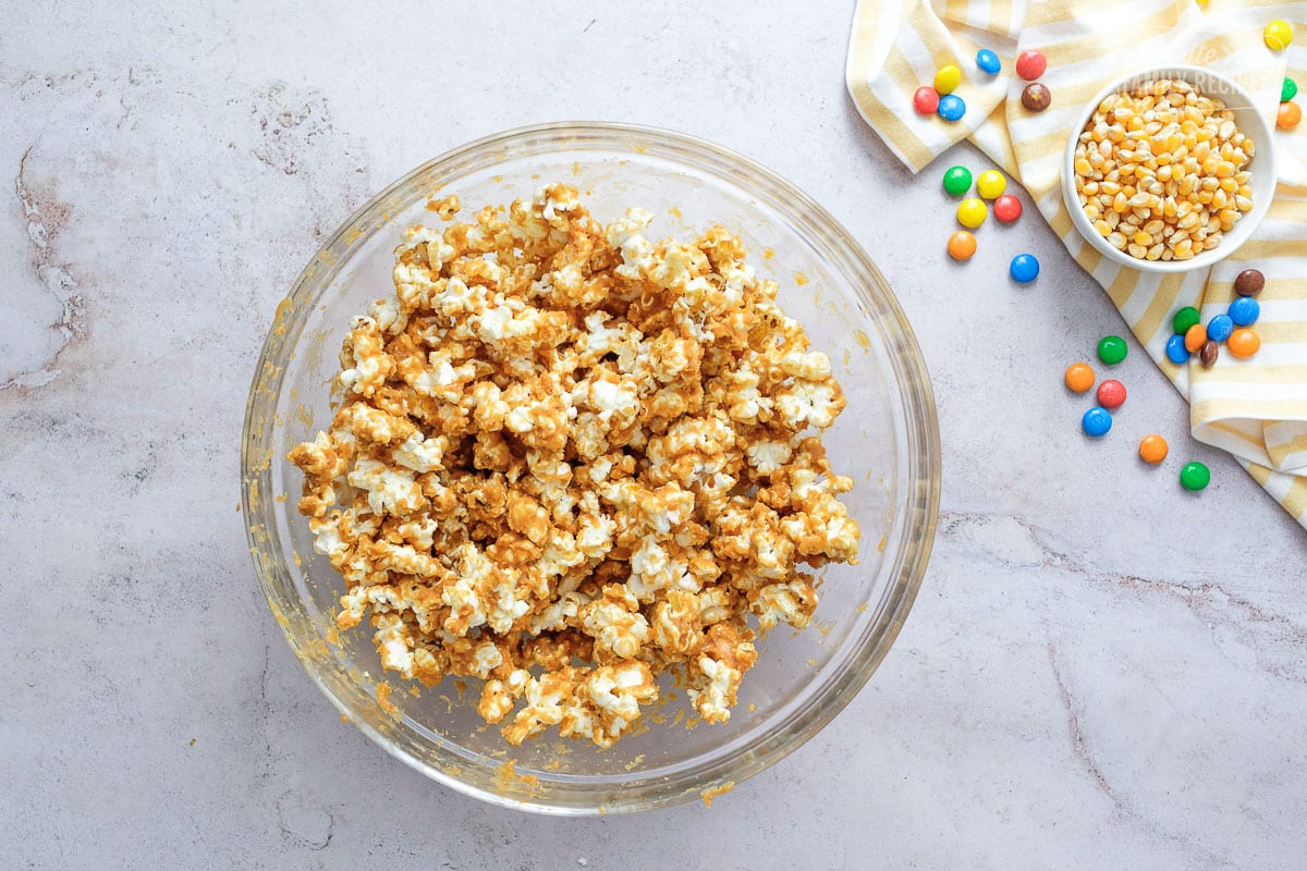 Peanut Butter Popcorn in a large mixing bowl
