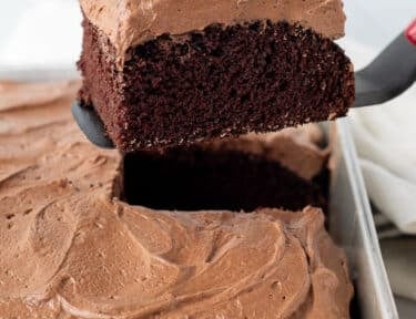 Slice of Chocolate Cake on a spatula over the cake pan.