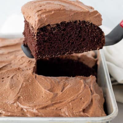 Slice of Chocolate Cake on a spatula over the cake pan.