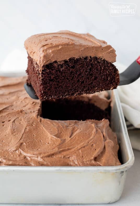 Slice of Chocolate Cake on a spatula over the cake pan.