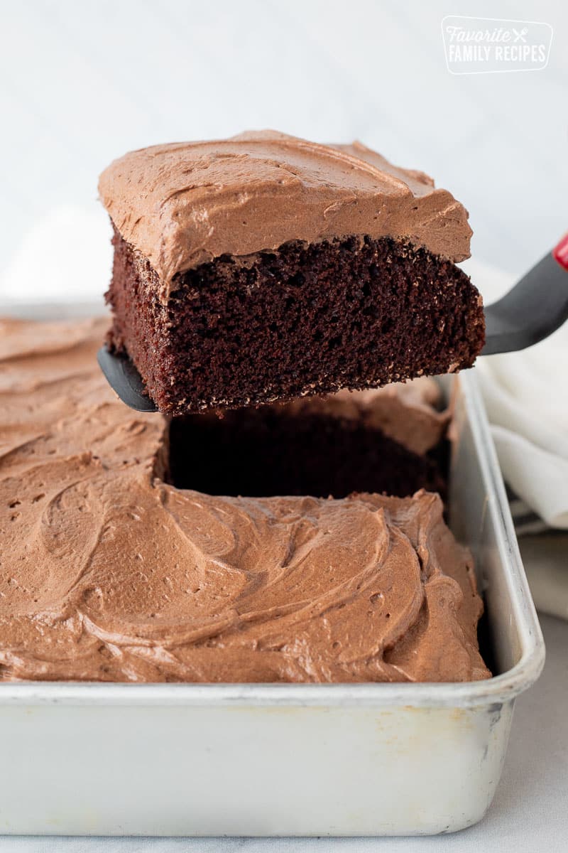 Slice of Chocolate Cake on a spatula over the cake pan.