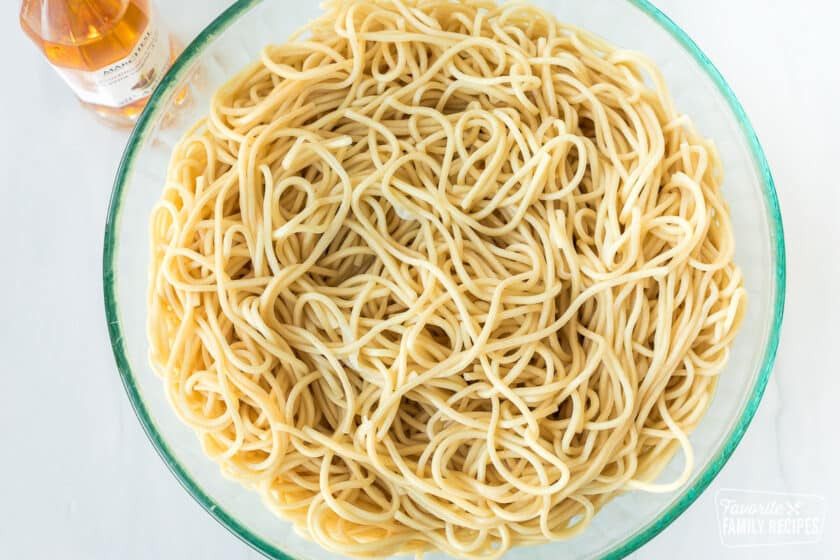 Cooked Yaki Soba noodles in a glass bowl