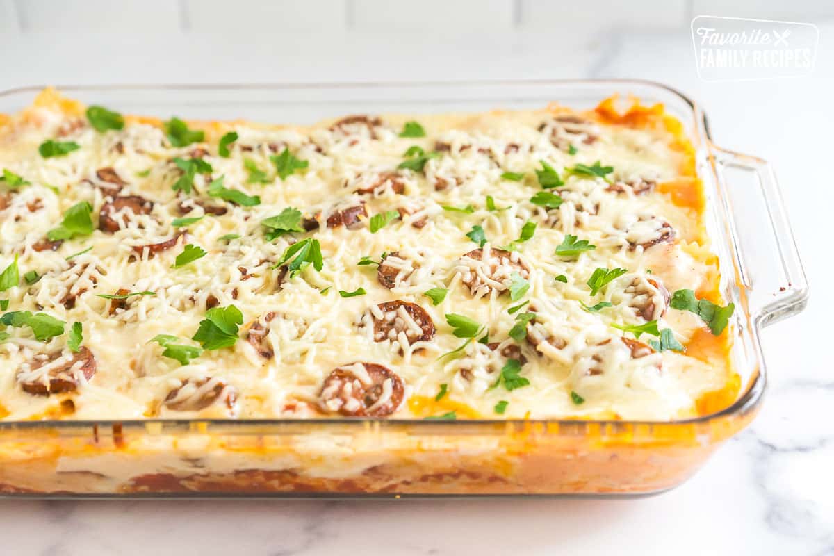 Baked Sausage Pasta bake topped with parsley.