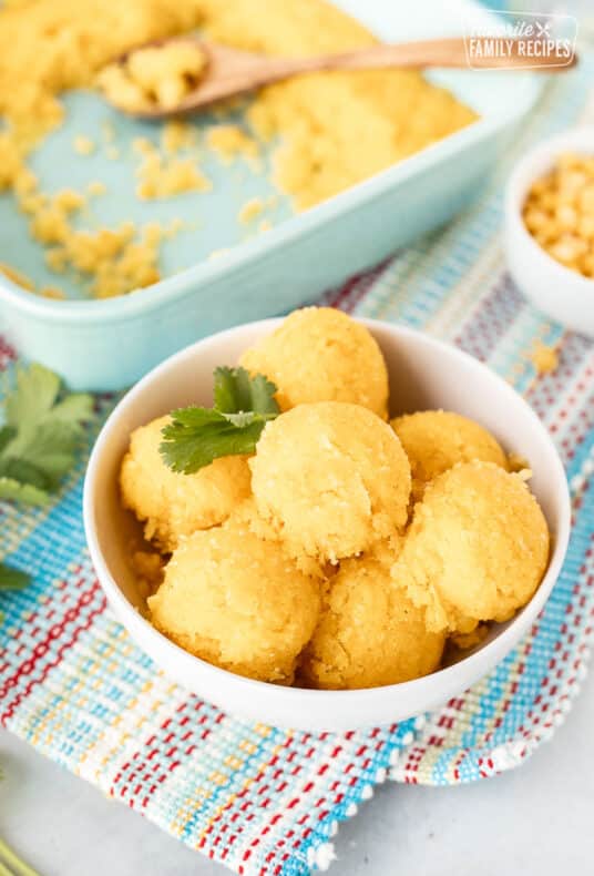 Balls of Sweet Corn Cakes (Tomalitos) in a bowl.