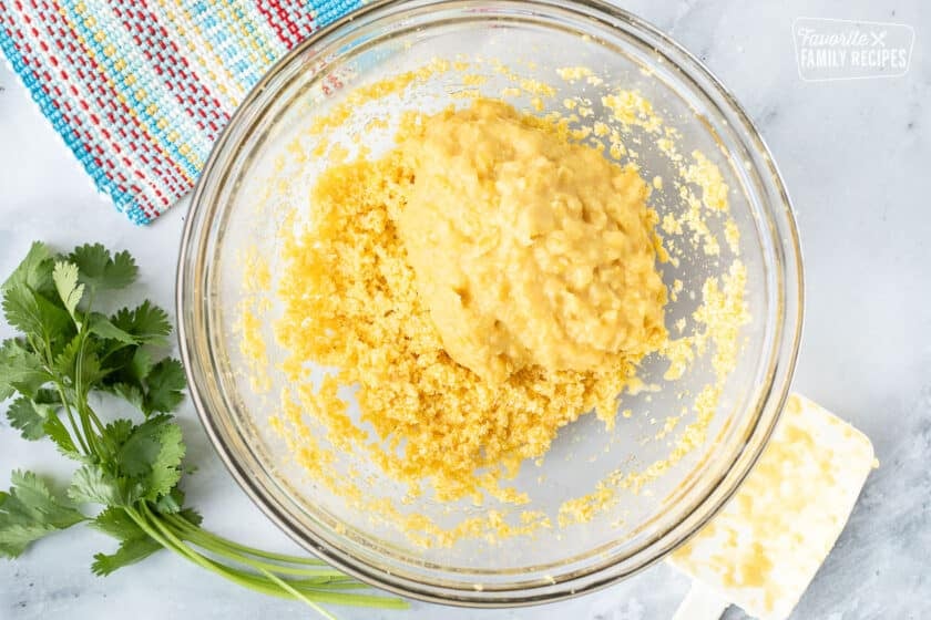 Bowl with corn meal mixture and blended corn.