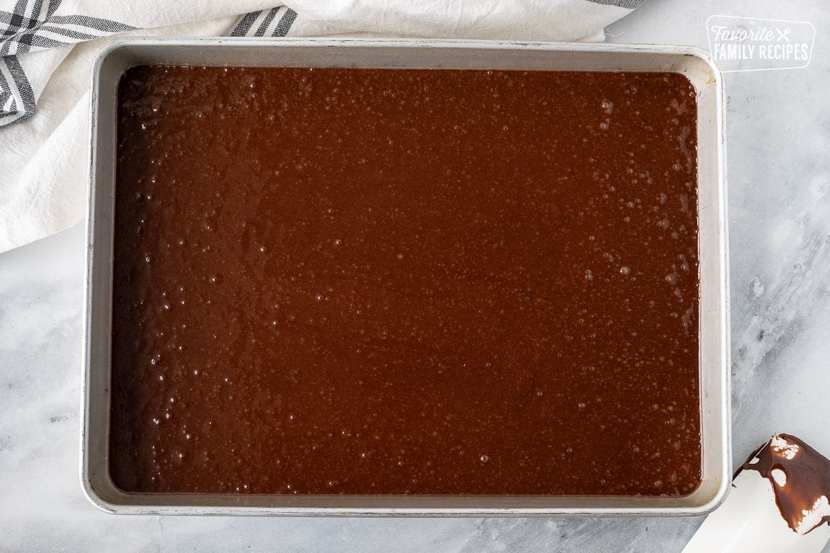 Cake pan with unbaked chocolate cake batter.